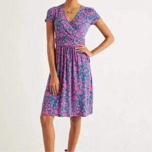 Boden Lola Dress Women’s 8L Blue Pink Floral Faux Wrap Crossover Jersey Knit